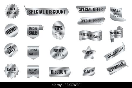 Set of chrome sale stickers, discount badges, offer labels, giveaway ribbons, and price tags for retail promotion, marketing banners, and ecommerce isolated on white background vector illustration Stock Vector