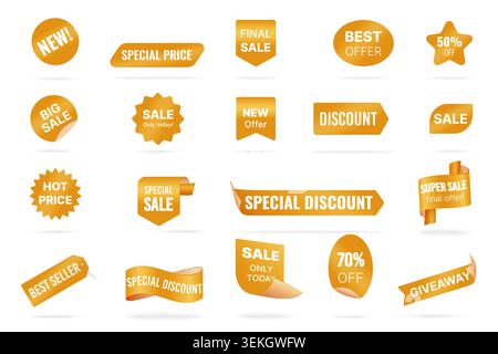 Set of gold sale stickers, discount badges, price tags, offer labels, and promotional ribbons for retail marketing, ecommerce banners, seasonal deals isolated on white background vector illustration Stock Vector