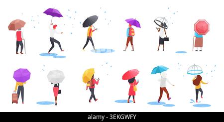 Collection of men and women walking in rain with colorful umbrellas, seen from back and side views, with puddles and raindrops, isolated on white background vector illustration Stock Vector