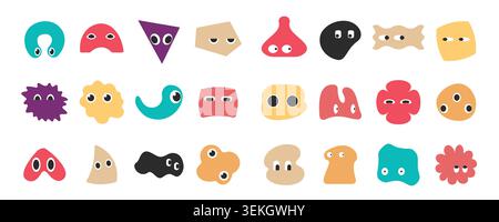 Set of bright abstract doodle shapes with funny face emotions in playful cartoon style, colorful geometric blobs and characters isolated on white background vector illustration Stock Vector