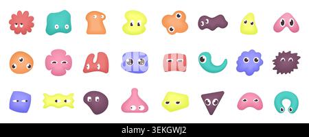 Set of colorful 3d matte doodle shapes with playful facial expressions and abstract blob forms, arranged as cute cartoon icons isolated on white background vector illustration Stock Vector