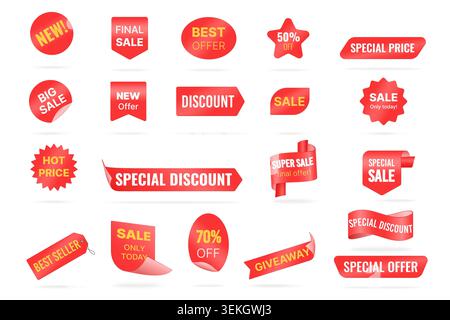 Collection of red sale stickers, discount badges, price tags and promotional labels for retail marketing, ecommerce banners and seasonal shopping isolated on white background vector illustration Stock Vector