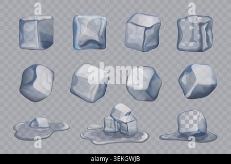 Collection of realistic ice cubes in different shapes with melting puddles and glossy frozen texture for drink, cooling, and beverage design isolated on white background vector illustration Stock Vector