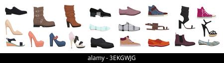 Collection of stylish footwear including heels, boots, sneakers, loafers, sandals, flats, and ankle shoes in assorted designs, isolated on white background vector illustration Stock Vector