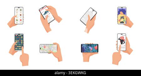 Set of hands using smartphones for food ordering, shopping, reading, video calling, gaming, maps and social media screens isolated on white background vector illustration Stock Vector
