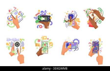 Set of smartphone screens showing chat, music, video call, shopping, camera, navigation, analytics and mobile apps in colorful flat style isolated on white background vector illustration Stock Vector