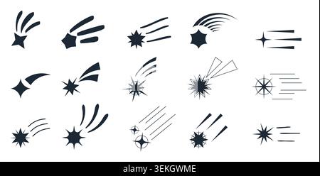 Collection of starburst, sparkle, shooting star, and comet symbols in minimal black style for celestial, festive, and decorative design isolated on white background vector illustration Stock Vector