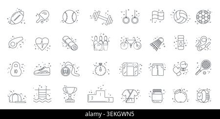 Collection of sport elements in thin line doodle style, featuring balls, equipment, fitness gear, swimming, cycling, boxing, tennis, and awards isolated on white background vector illustration Stock Vector