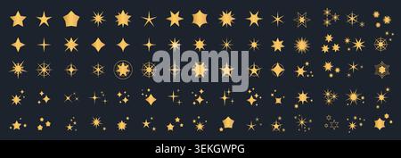 Collection of gold star icons, sparkles, celestial bursts, and decorative twinkles arranged in rows for festive design, luxury branding, and night sky themes isolated on dark vector illustration Stock Vector