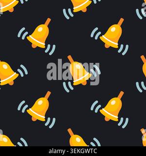 Gold bell seamless pattern. School bell. Christmas bell is ringing. Vector texture on black background. Flat design Stock Vector