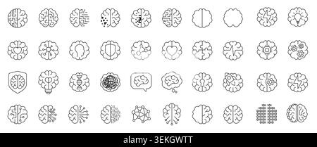 Minimal brain icon set featuring technology, health, science, creativity, data, medicine, network, dna, heart, shield, rocket and idea symbols isolated on white background vector illustration Stock Vector