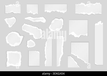 Collection of ripped paper scraps, torn edges, holes, strips, and note shapes with realistic shadows for collage, templates, and design mockups isolated on white background vector illustration Stock Vector
