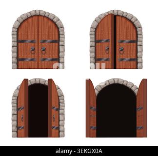 Set of ancient wooden gate doors with stone arch in closed and open positions, detailed medieval entrance design isolated on white background vector illustration Stock Vector