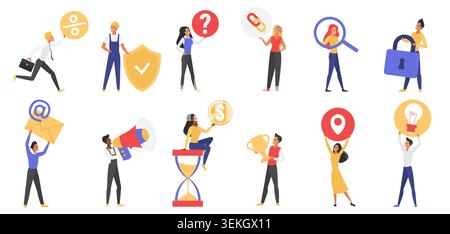 Collection of tiny business people interacting with email, security, search, location, idea, money, trophy and support symbols, isolated on white background vector illustration Stock Vector