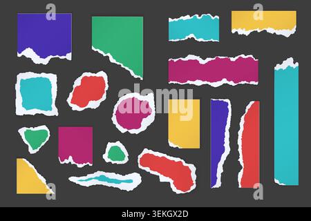 Collection of ripped colorful paper scraps, frames, strips, and torn edge shapes for collage, banners, posters, and layered design isolated on dark background vector illustration Stock Vector