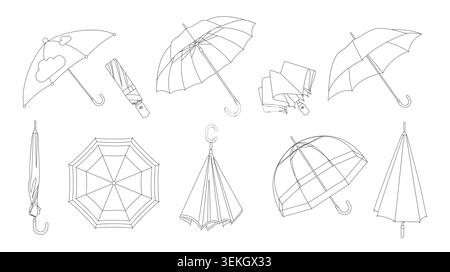 Outline umbrella collection with open, folded, hanging and top views, featuring weather protection accessories in clean linear style isolated on white background vector illustration Stock Vector