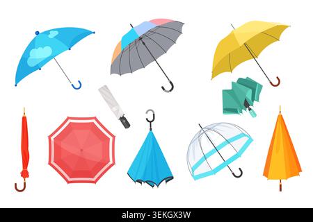 Collection of colorful open and folded umbrellas in different styles and angles for rain protection, weather design, and seasonal graphics isolated on white background vector illustration Stock Vector