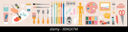 Collection of art tools and creative supplies including brushes, pencils, paints, palette, scissors, markers, and paper elements isolated on white background vector illustration Stock Vector