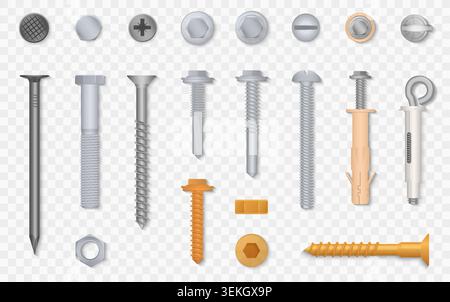 Realistic hardware collection with screws, bolts, nuts, anchors, washers and heads for construction, repair and engineering design isolated on white background vector illustration Stock Vector