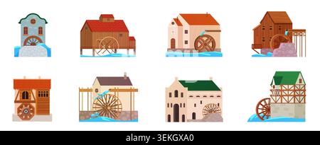 Set of traditional watermill buildings with wooden wheels, flowing river details, and rustic architecture icons for energy, farming and heritage themes isolated on white background vector illustration Stock Vector