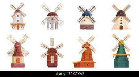 Eight traditional windmills in flat design with varied architectural styles, wooden sails, and pastel colors, arranged as an isolated set on white background vector illustration Stock Vector
