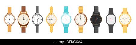 Set of stylish wrist watches with leather, metal and modern straps in assorted shapes and colors, arranged in a row and isolated on white background vector illustration Stock Vector