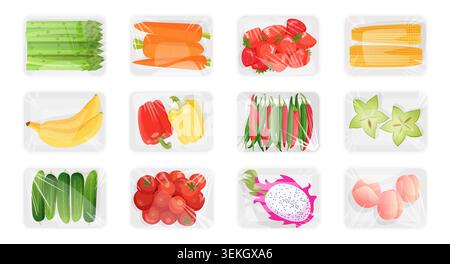 Collection of fresh vegetables and fruits in plastic trays, including asparagus, carrots, strawberries, corn, peppers, cucumbers, tomatoes, dragon fruit and eggs isolated on white vector illustration Stock Vector