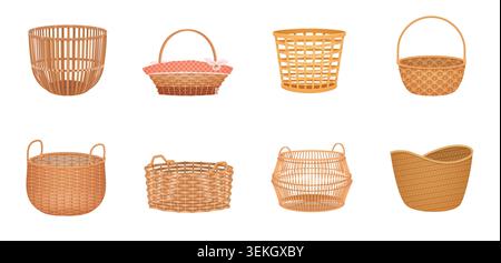 Set of wicker and woven baskets in assorted shapes with handles, picnic style and storage designs for home decor, shopping, and organization isolated on white background vector illustration Stock Vector