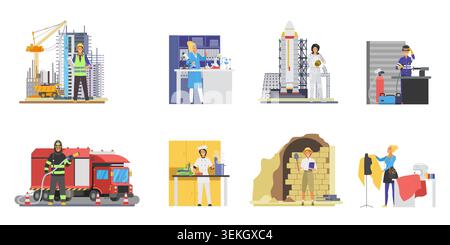 Set of professional women working in construction, science, aerospace, welding, firefighting, cooking, archaeology and fashion careers, isolated on white background vector illustration Stock Vector