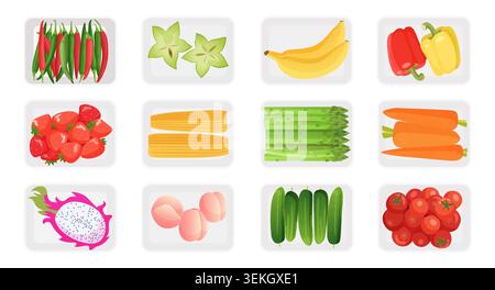Collection of vegetables and fruits served on plates, including chili, starfruit, banana, peppers, strawberries, corn, asparagus, carrots, cucumber, and tomatoes isolated on white vector illustration Stock Vector