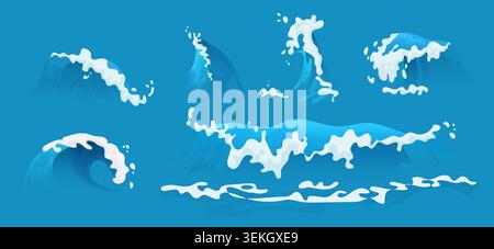 Collection of blue ocean wave splashes and foam elements for marine, summer, surf, and water design projects, isolated on dark background vector illustration Stock Vector
