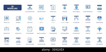 3D printing workflow symbols covering modeling, scanning, prototyping, printer setup, filament, robotics and fabrication resources solid blue glyph line icons set vector illustration Stock Vector