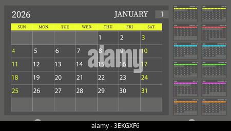 2026 calendar or monthly planner on grey background with colorful elements, week starts on Sunday. Vector design. Stock Vector