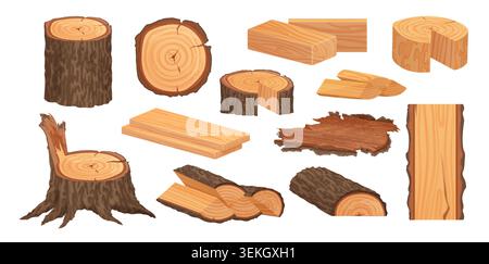 Collection of wood logs, planks, bark, stump and timber pieces showing cut tree sections, natural grain texture and lumber shapes isolated on white background vector illustration Stock Vector