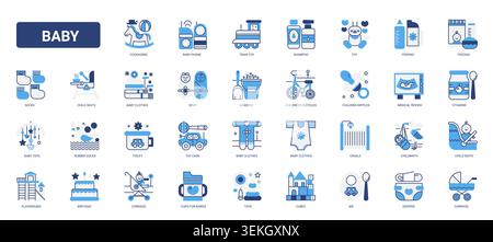 Baby care and nursery essentials featuring feeding, toys, hygiene, clothing, transport and playtime symbols for parenting and childcare themes flat icons set vector illustration Stock Vector
