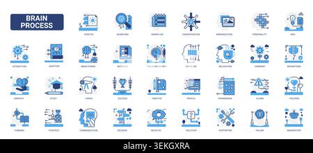 Brain process symbols showing thinking, memory, focus, ideas, communication and problem solving for cognitive workflow and mental performance themes solid blue glyph line icons set vector illustration Stock Vector