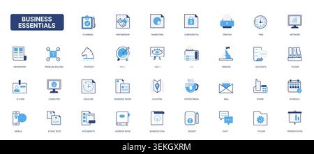 Business essentials for office workflow, planning, communication, documents, scheduling and strategy across daily corporate operations solid blue glyph line icons set vector illustration Stock Vector
