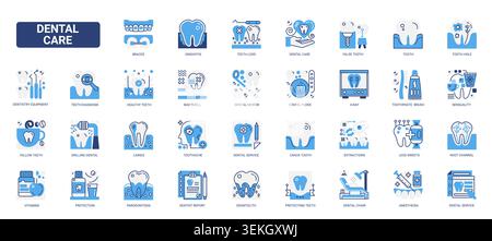 Dental care concepts covering oral hygiene, tooth treatment, diagnosis, braces, flossing, extraction, anesthesia and clinic services solid blue glyph line icons set vector illustration Stock Vector