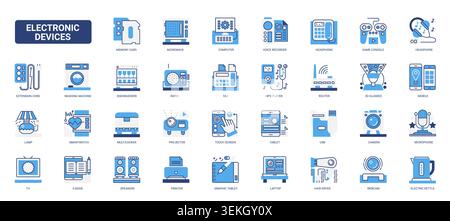 Electronic devices and household appliance symbols covering communication, entertainment, computing and smart home technology for interface and product design blue flat icons set vector illustration Stock Vector