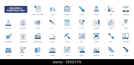 Construction industry symbols covering planning, safety, tools, machinery and building elements for engineering, renovation and site workflow solid blue glyph line icons set vector illustration Stock Vector