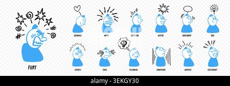 Line comic character set with expressive faces and doodle motion effects showing emotions from fury to excitement in simple hand drawn style Stock Vector