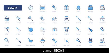 Beauty and cosmetics themed symbols featuring skincare, makeup, spa care, salon tools and wellness essentials for personal care branding solid blue glyph line icons set vector illustration Stock Vector