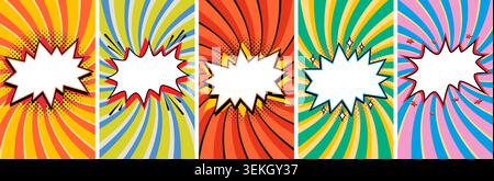 Comic starburst banner set with bold star shape and dynamic spiral background in red, yellow, blue, green and purple tones. Retro vector starburst Stock Vector