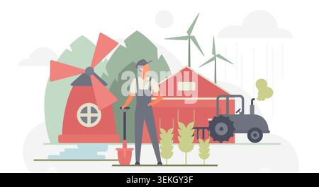 Modern farming scene with farmer, tractor, windmill, barn, crops and cloud technology concept for sustainable agriculture, rural industry clean energy isolated on white background vector illustration Stock Vector