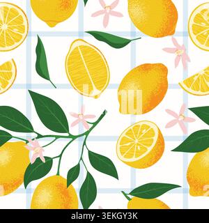 Lemons checkered seamless pattern. Trendy Summer background in Mediterranean style. Textured Flat style Vector illustration Stock Vector
