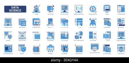 Data science and analytics symbols covering machine learning, coding, storage, security and network systems for digital technology workflows solid blue glyph line icons set vector illustration Stock Vector