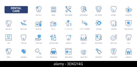 Dental care symbols showing oral hygiene, tooth treatment, braces, diagnosis, anesthesia, flossing and clinic services for healthcare communication solid blue glyph line icons set vector illustration Stock Vector