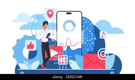 Modern AI cloud phone concept with smartphone, analytics, email, location, music and social icons, showing mobile communication, data smart technology isolated on white background vector illustration Stock Vector