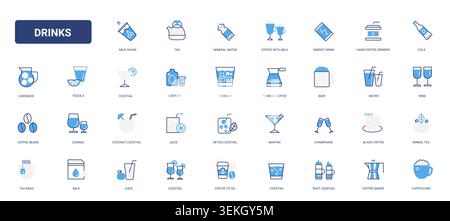 Assorted beverage symbols featuring coffee, tea, water, juice, wine, beer cocktails for menu design cafe, branding hospitality apps drink categories solid blue glyph line icons set vector illustration Stock Vector