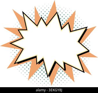Comic frame starburst shape with blank center and bold black outline over orange rays and green halftone background. Retro pop art vector starburst Stock Vector